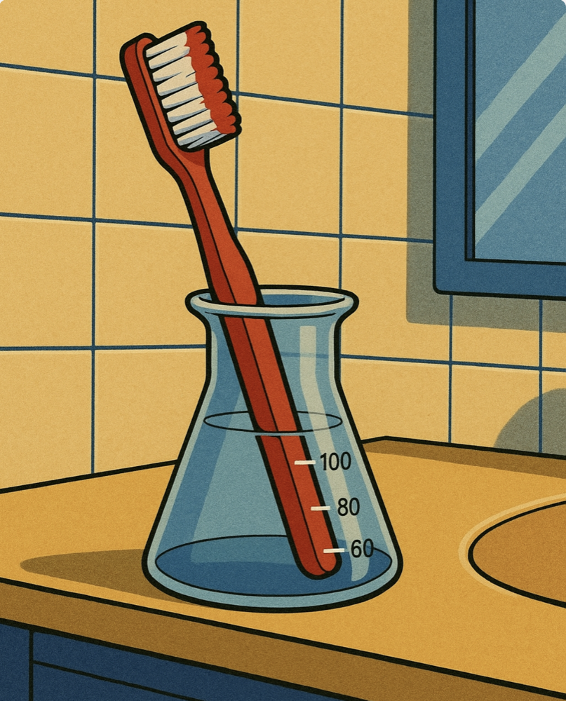 A red toothbrush in a glass laboratory flask, the Toothbrush Labs mascot